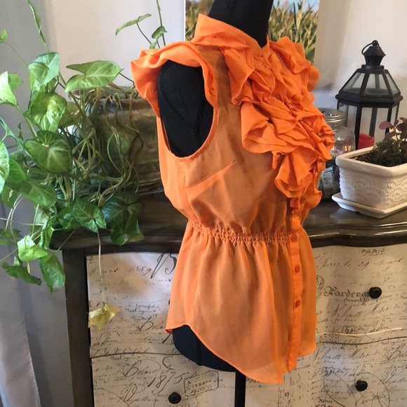 ROMEO & JULIET COUTURE SHEER ORANGE RUFFLED BLOUSE SIZE MEDIUM NEW WITH TAGS - Picture 3 of 12